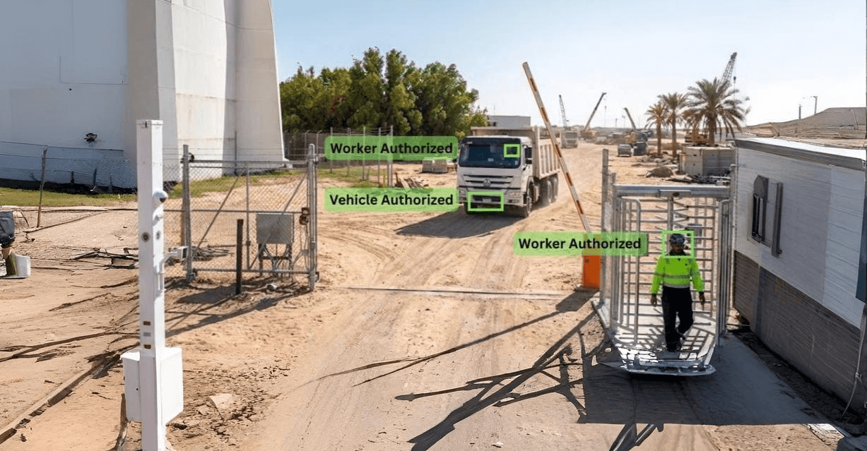 Industrial yard with computer vision overlay showing vehicle path, pedestrian zone and near-miss detection box